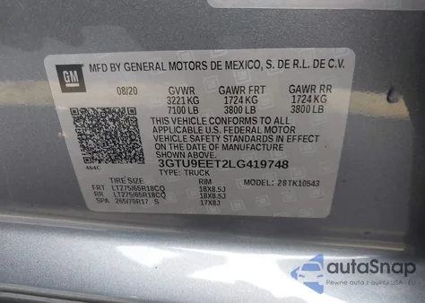 2020 GMC Sierra 1500 4Wd Short Box At4 из США, поврежденный, VIN 3GTU9EET2LG419748